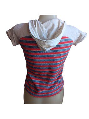 True Vintage Hoody T-shirt Top Small 1970's Hippy Striped With Scoop Neck